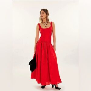 Free People Vibrant Red Sleeveless Maxi with Gathered Skirt